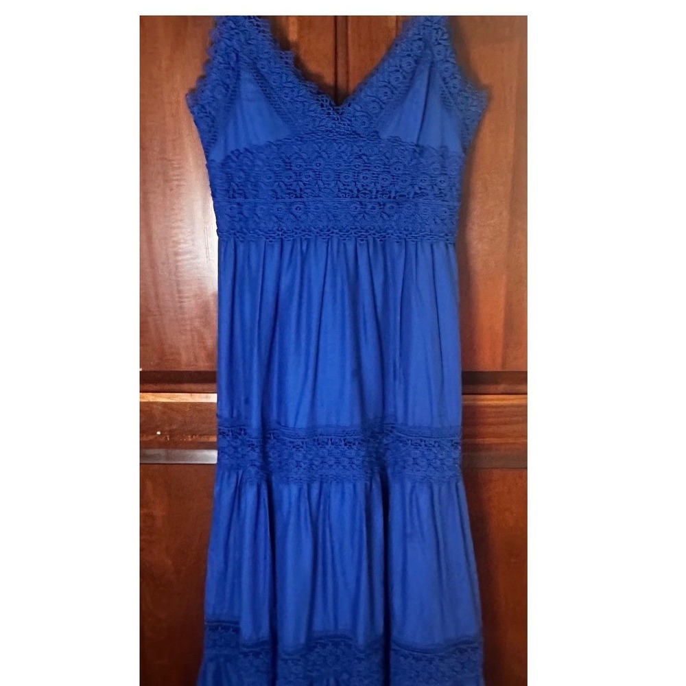 Antonio Melani Blue Crochet Lace Tiered Maxi Dress Sleeveless Boho Summer Size 4